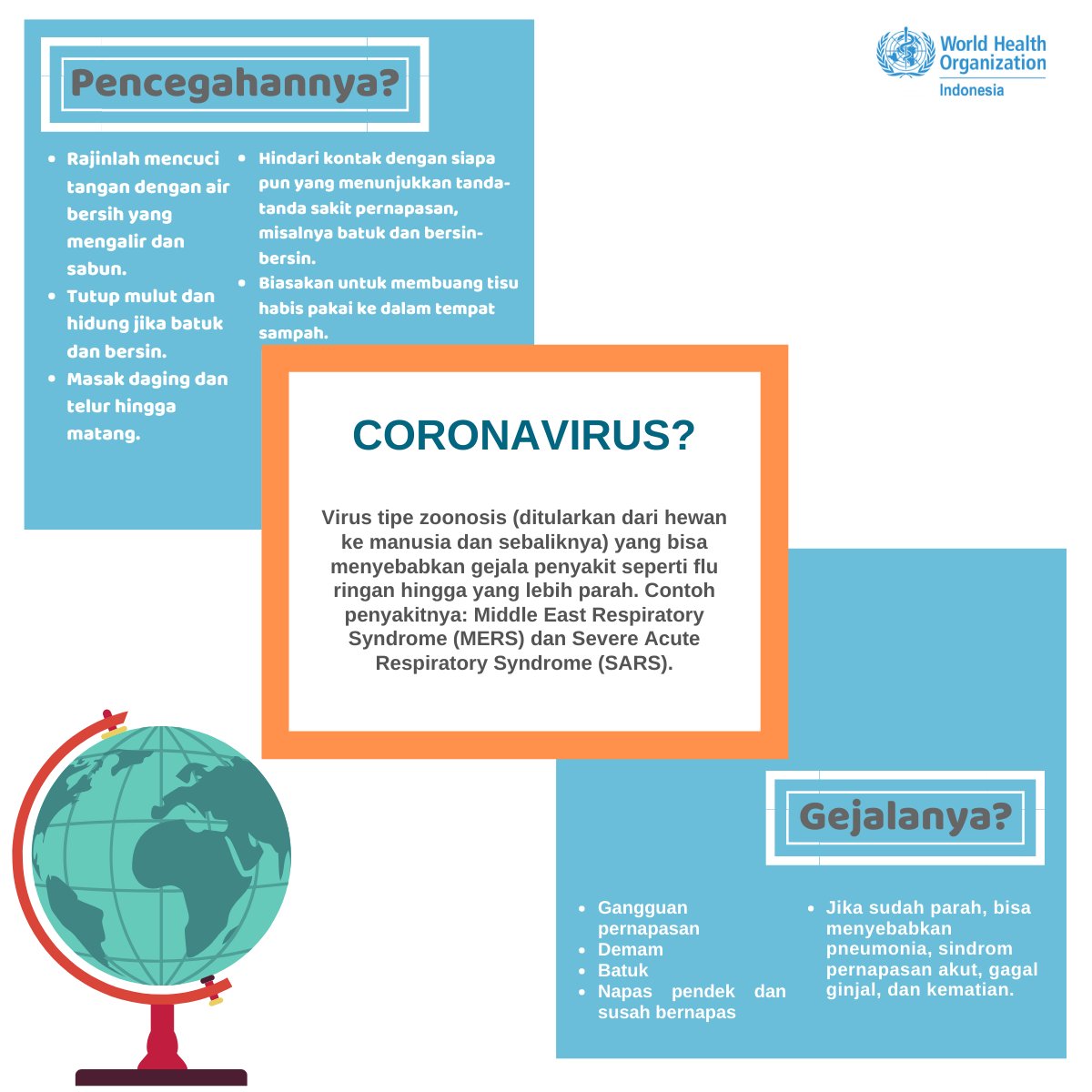 Oke #coronovirus masih menyebar dan udah sampe Singapura &amp; Thailand

Ada pencegahannya kok:
-Cuci tangan yg bener
-Tutup mulut/hidung kalau bersin/batuk
-Hindari kontak dgn orang yg demam/flu
-Masak daging &amp; telur dengan mantang
-Hindari kontak dgn binatang liar

Stay safe Indo!
