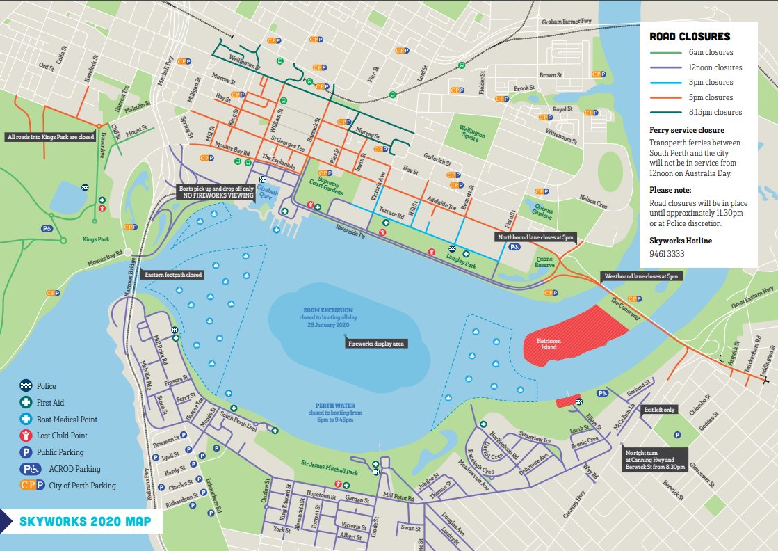 CityofPerth's tweet photo. To facilitate the #CityofPerth Australia Day Skyworks, the City has approved the temporary closure of the below roads. For further information please visit https://t.co/VEDmMJRm5H
@Mix945Perth @9Perth @VitalPerth @Transperth #skyworks2020 #ausdayperth #perth https://t.co/BmES5KY8At