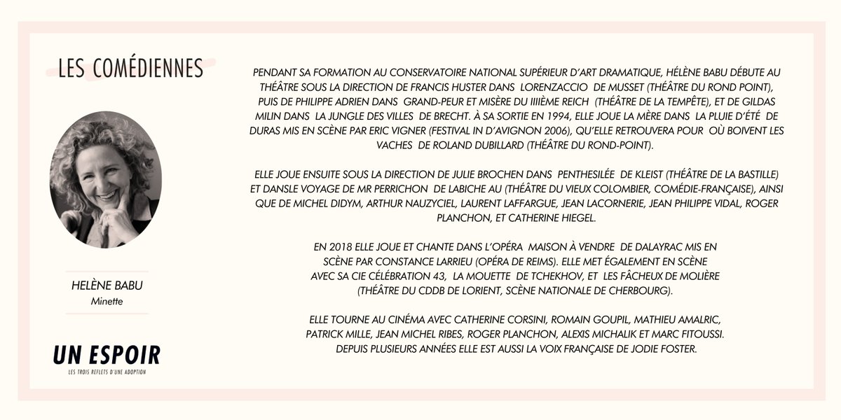 WendyBeckett3's tweet photo. ☝🏼 Chaque vendredi, présentation des personnages de ma prochaine pièce #UnEspoir. Aujourd'hui Hélène Babu, qui incarnera Minette !⁣
⁣
Rendez-vous à partir du 4 mars 2020 au @theatreathenee !
⁣
#ComingSoon #VendrediLecture https://t.co/JbXqYXtdV2
