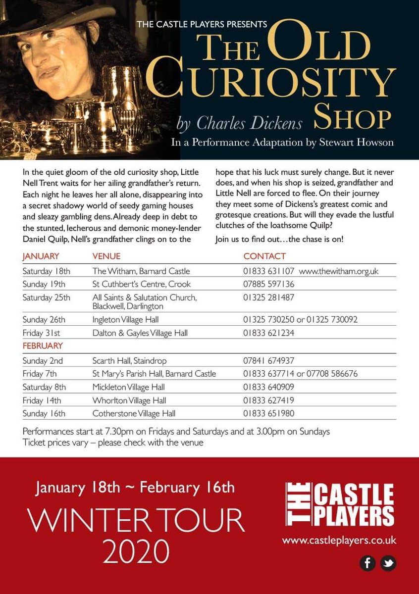 thecastleplayer's tweet photo. This weekend we're bringing The Old Curiosity Shop to Blackwell, Darlington on Saturday and Ingleton Village Hall on Sunday. See details below for tickets for all remaining performances. Get them quick! https://t.co/OwY3aw2aND
