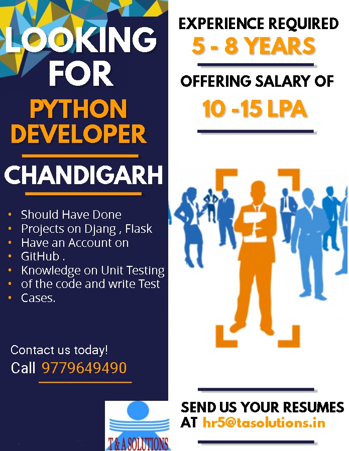 tahrsolutions's tweet image. Interested Candidates are requested to send us their resume on hr5@tasolutions.in or call us on  9779649490.

#Python #developer #job #jobs #experienced #pythondeveloper #chandigarh #lookingforjob #hiring #jobsearch