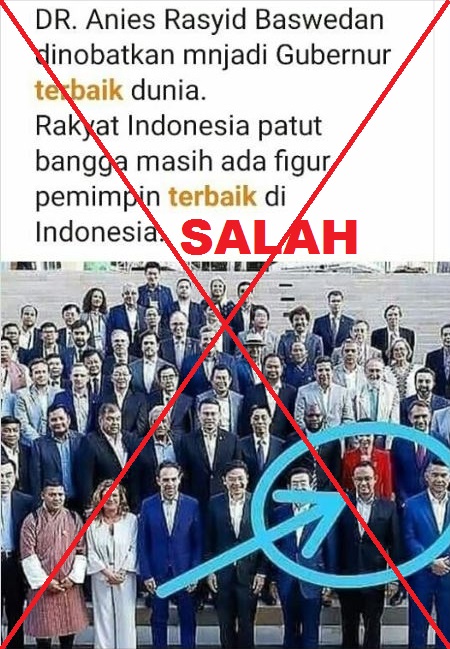 AFPperiksafakta's tweet photo. Anies Baswedan dinobatkan menjadi gubernur terbaik dunia?
Ini adalah foto Gubernur Jakarta Anies dan peserta forum walikota dunia #WCSMF lainnya di tahun 2019. Forum itu tidak menganugerahkan gelar "gubernur terbaik dunia".
https://t.co/YUz9U3GqjF https://t.co/MZt49xPI93