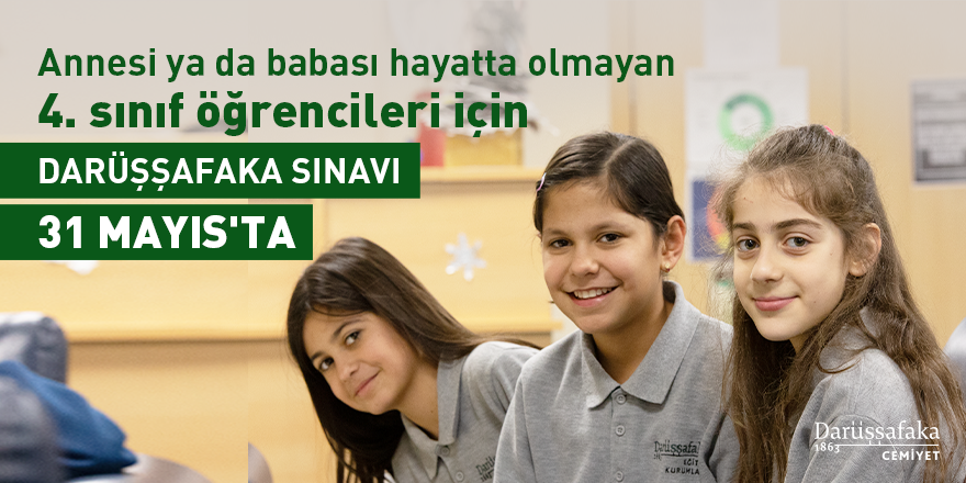 📢 Duymayan 4. sınıf öğrencisi kalmasın!
Tam burslu eğitim için #Darüşşafaka Sınavı 31 Mayıs'ta.
 
Türkiye’nin 24 ilinde düzenlenecek sınavımıza başvuru ve detaylar için tıklayın 👉 bit.ly/darussafaka-si…