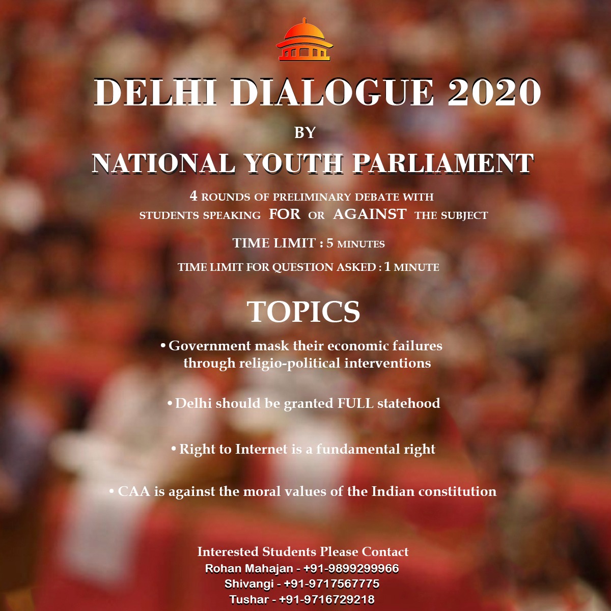 1TimeVoter's tweet photo. #Nationalyouthparliament announces commencement of its Parliamentary #Debate Competition, #DelhiDialogues2020.
We present to you a stage to go ahead &amp; communicate your valuable insights about the political topics by firmly standing for or against the subject. #energisingYOYth https://t.co/fNCytmzLqY