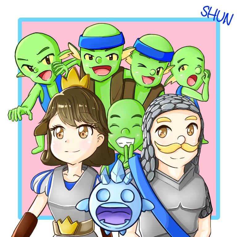 クラロワ公式 クラロワの代表デッキの一つ 枯渇デッキのファンアート化 新しいですね ゴブリンがすごいつぶらな瞳になってますね プリンちゃんもナイトさんもかわいい クラロワ