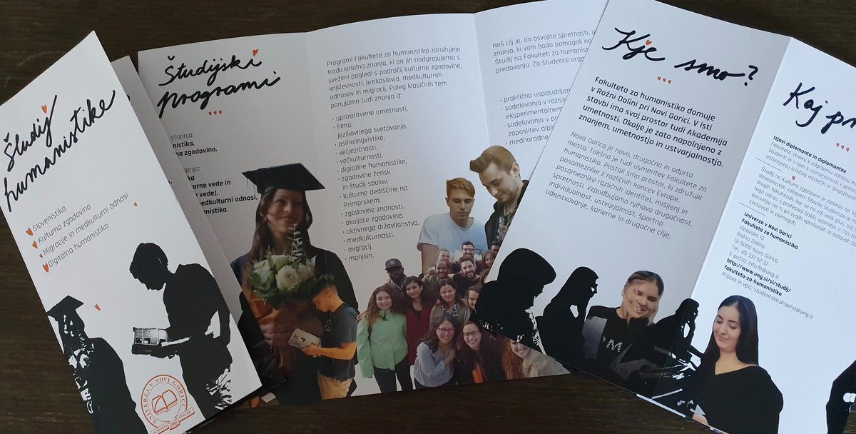 FHnaUNG's tweet photo. Razveselile so nas nove zgibanke, ki jih je oblikoval studio @Kontrastika. Našli jih boste tudi na stojnici Univerze v Novi Gorici  na sejmu Informativa, ki poteka danes in jutri na Gospodarskem razstavišču v Ljubljani. Veselimo se vašega obiska! https://t.co/RjHSEaUB5M