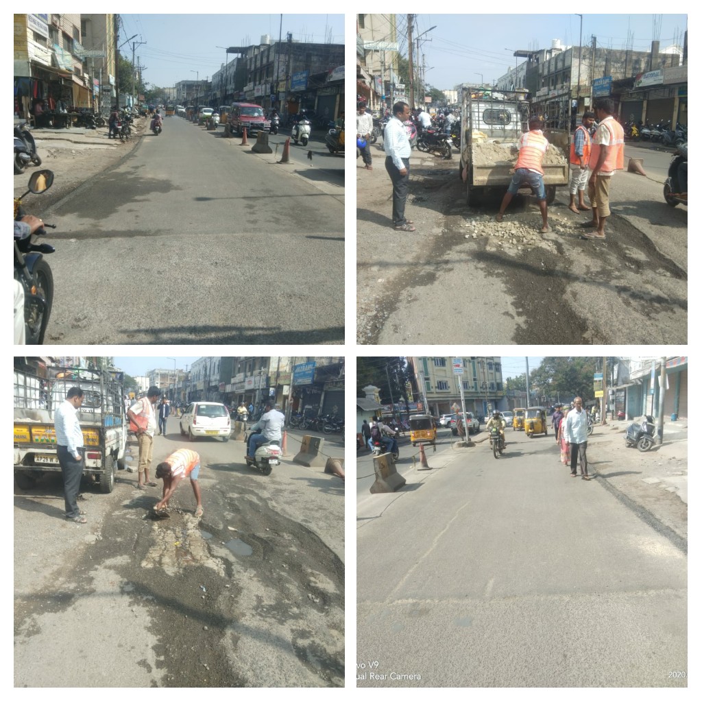Restoration of damaged road with Jet Patcher at King Kothi Junction in Himayathnagar ward, Amberpet circle.
