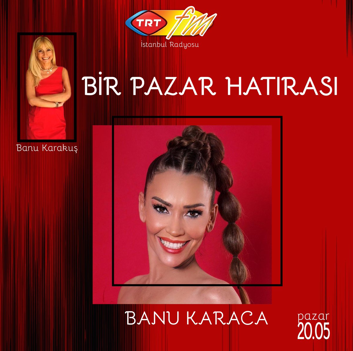 TRTistradyosu's tweet photo. 🎵"Bir Pazar Hatırası" ☕
🎙 Banu Karakuş
👩 Konuğumuz Banu Karaca
⏰ 20.00
📻@TRTFM
📍 #istanbulradyosu #Pazar
🎧👉 https://t.co/5YXChpWJrS
 @AliFuatGulmez @goncagen @BanuKarakuss https://t.co/BV87SlY10R