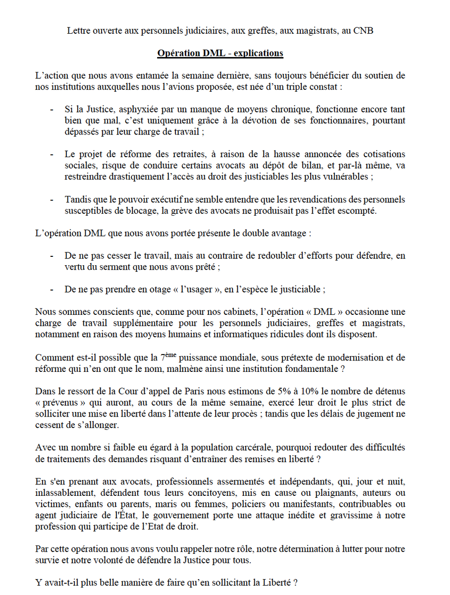 aslaguens's tweet photo. Elle est signée par plus de 400 avocats exerçant en pénal, du plus petit pénaleux aux grands pénalistes qui font les honneurs de GQ.

Tous ont déposé des centaines de demandes de mise en liberté la semaine dernière.

Lettre ouverte de l'opération DML 

#operationDML #reforme https://t.co/b6BGmJDCz2