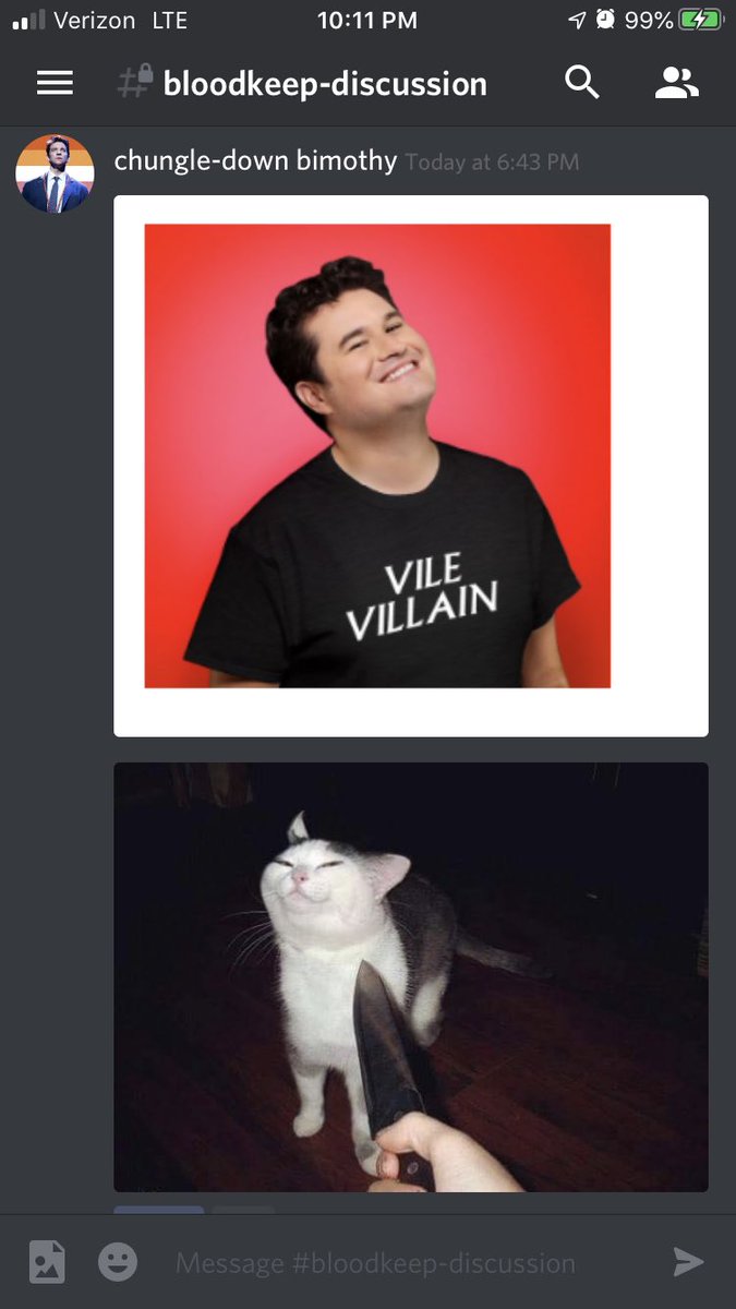 A screenshot of a Discord message from chungle-down bimothy. It is two images. The first is a photograph of Mike Trapp looking smug wearing a shirt with the words “vile villain” on it. The second is the meme of a cat looking smug with a knife pointed at its neck.