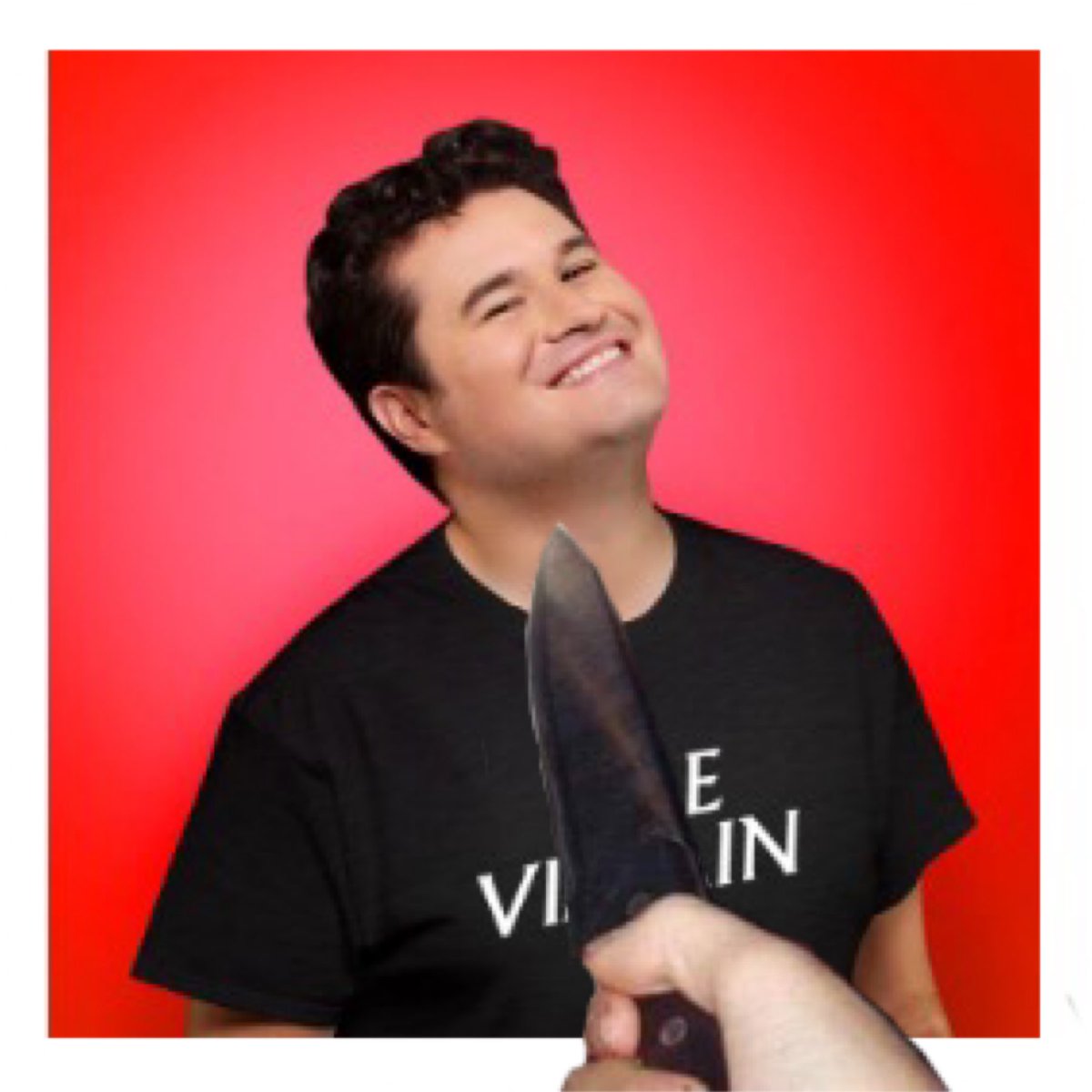 An edited photograph of Mike Trapp looking smug with the knife from the knife cat meme pointed at his throat.