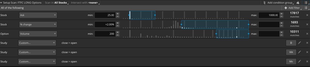lukestrading1's tweet photo. So I built these scans and have had good luck with them so far this week, it allows me to ONLY be looking at things that (a) have good volume, (b) are moving fast, and (c) are either full-time-continuity long or short. Hope this can help you!

@RobInTheBlack  #TheStrat https://t.co/PAwUFDwF14