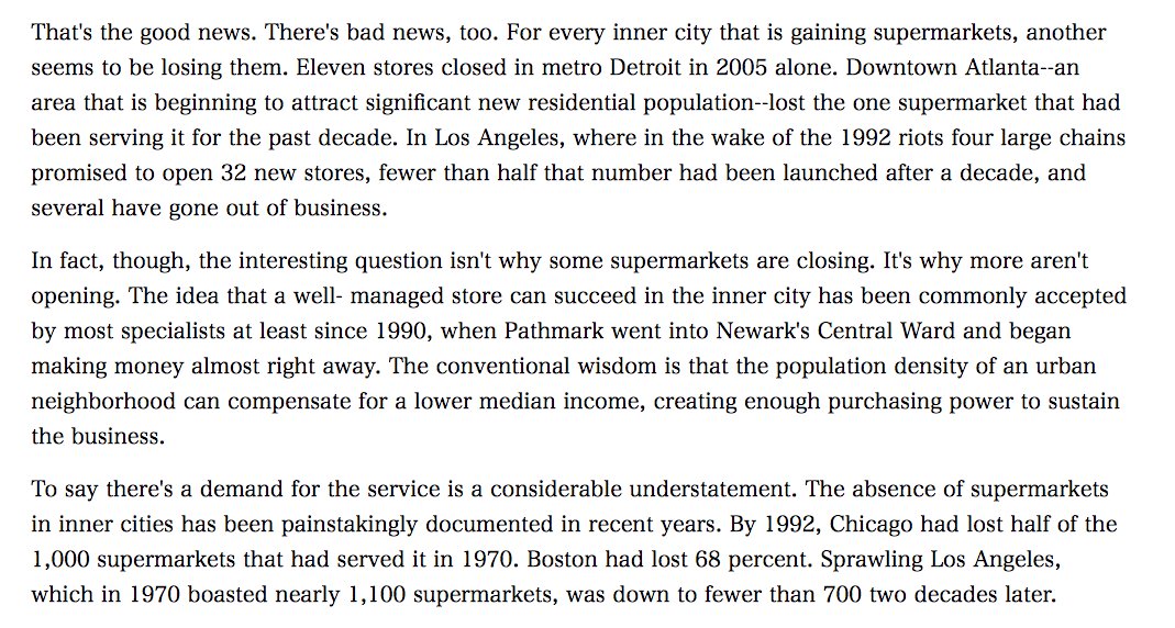 In the U.S. it seems that groceries, corner stores and food markets are dwindling in numbers even where they ought to be making money. This 2006 article suggest bureaucracy might be to blame.  https://www.governing.com/topics/mgmt/Grocery-Gap.html