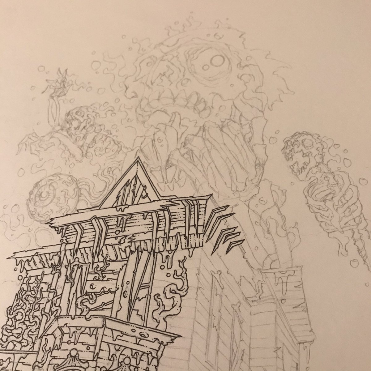 deathinkart's tweet photo. Having fun with this haunted house theme! 👻 #ink #micron #hauntedhouse #pencils #wip https://t.co/8e0cqVeZsx