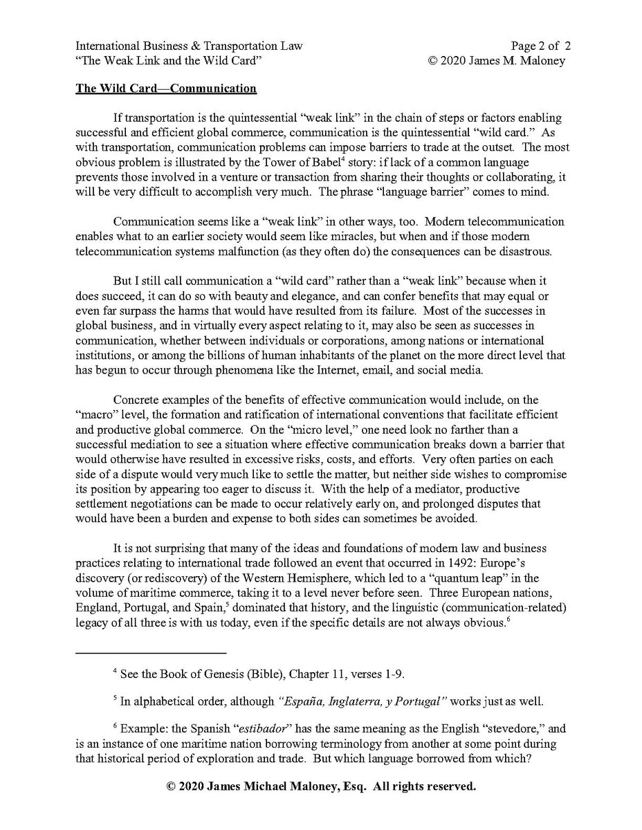 maloney_esq's tweet photo. "The Weak Link and the Wild Card," my handout for next week's early-in-the-semester class, hot off the press. A quasi-pragmatic philosophical-anthropological intro to international trade and transportation and the law and business practices relating to it. DM/email me 4 free use. https://t.co/hht9ciZxAA