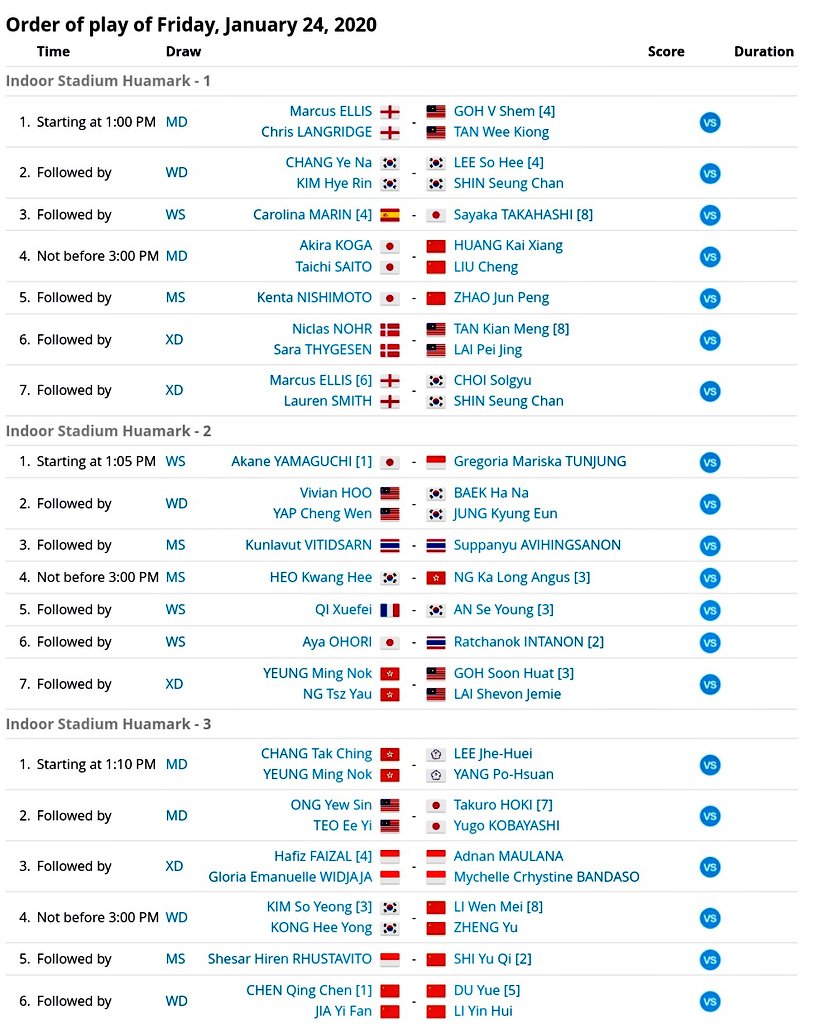 INABadminton's tweet photo. Perempat final #ThailandMastersSuper300 hari ini dimulai pukul 13.00 WIB. Berikut order of playnya. Dukung! https://t.co/oqBhaASIZL