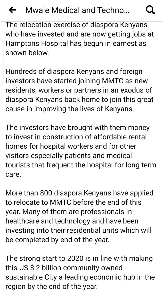 "Hundreds of diaspora Kenyans & foreign investors have started joining Mwale MTC as new residents/workers /partners in an exodus of diaspora Kenyans back home to join this great cause in improving the lives of Kenyans... 800 have applied to relocate to MMTC before years end" 