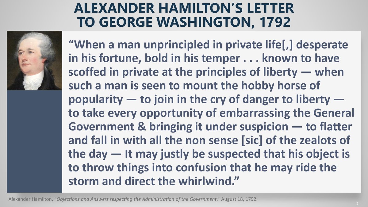 A slide from the House Impeachment Managers quoting Alexander Hamilton's Letter to George Washington, 1792.