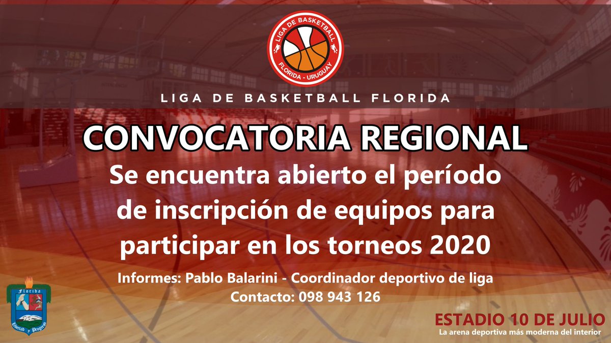 <a href="/LigaFlorida/">Liga de Basketball Florida</a> comunica que se encuentra abierto el período de inscripción para equipos del departamento y la región centro-sur con interés en participar de los torneos 2020.
El plazo de inscripción vence el 21/02/2020.