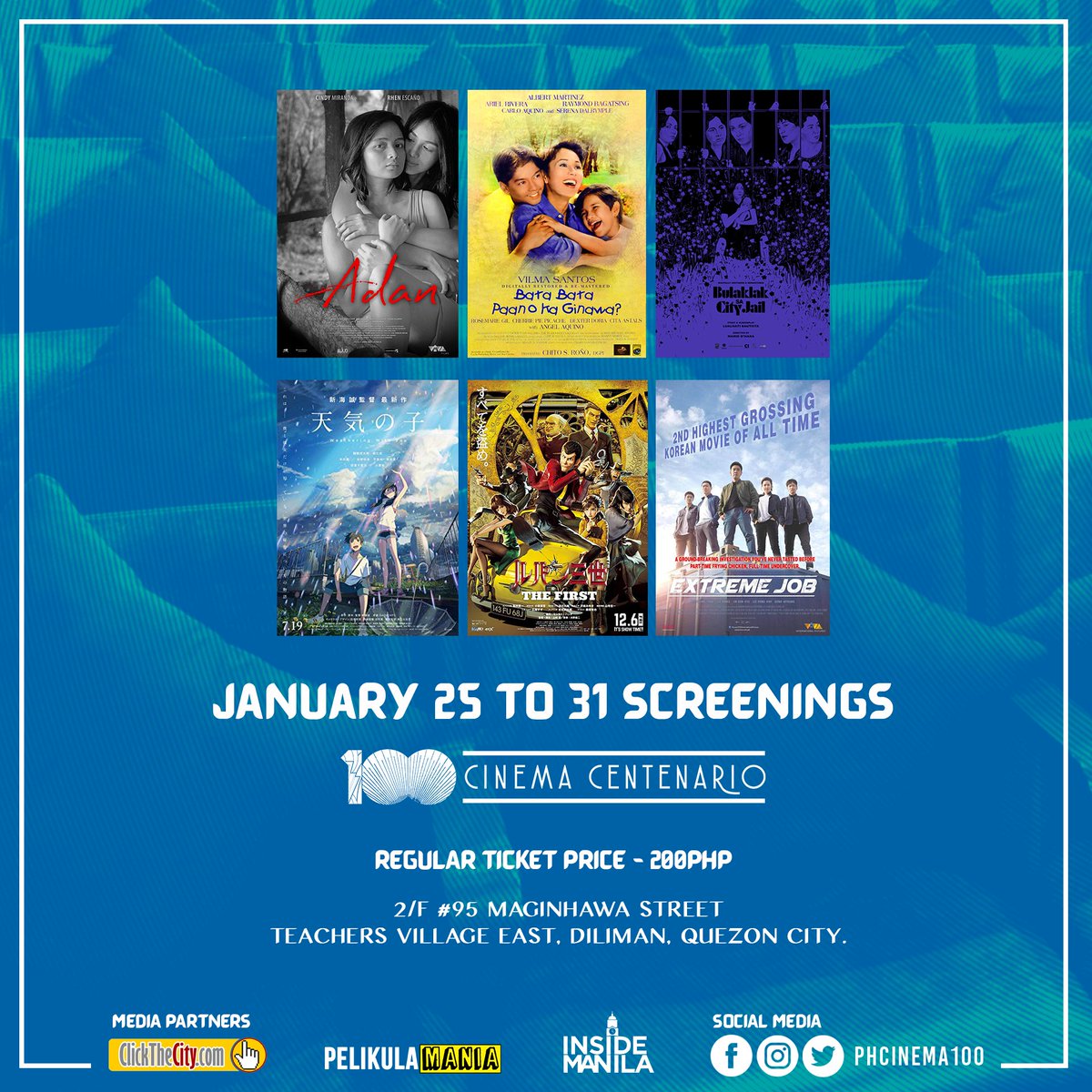 PHCinema100's tweet photo. 🚨 SCREENING SCHEDULE ALERT🚨
January 25 to 31 at #CinemaCentenario! 👌

#WelcomeHome 
#PHCinema100
#SupportPHFilms
#AsianVision
#SaMaginhawaTayo
#EneroSaCentenario

[a thread] https://t.co/kWhJCqthDp