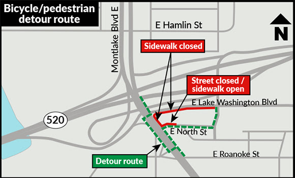 Map of the sidewalk closure and detour route. The sidewalk is closed on the east side of Montlake Blvd between East North Street and East Lake Washington Blvd and on East Lake Washington Blvd from Montlake Blvd to 24th Avenue East. The detour crosses Montlake Blvd at signalized intersections at East Lake Washington Blvd and just north of East Roanoke Street, and people walking and biking are to use the west sidewalk