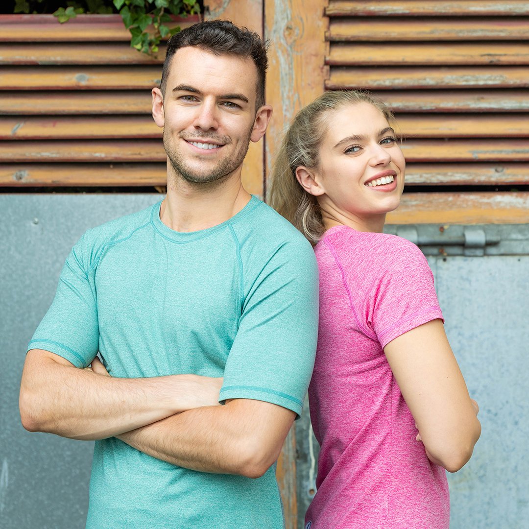 gympluscoffee's tweet photo. Our most popular workout tee is back in all the colours! Emily wears the Women’s Raglan Tech in Hot Pink and Peter is in the Men’s Green Marl!! Shop at📲 📲  : https://t.co/rvGFgWvDrM #MakeLifeRicher #WorkoutTee https://t.co/uo3xxpkwTG