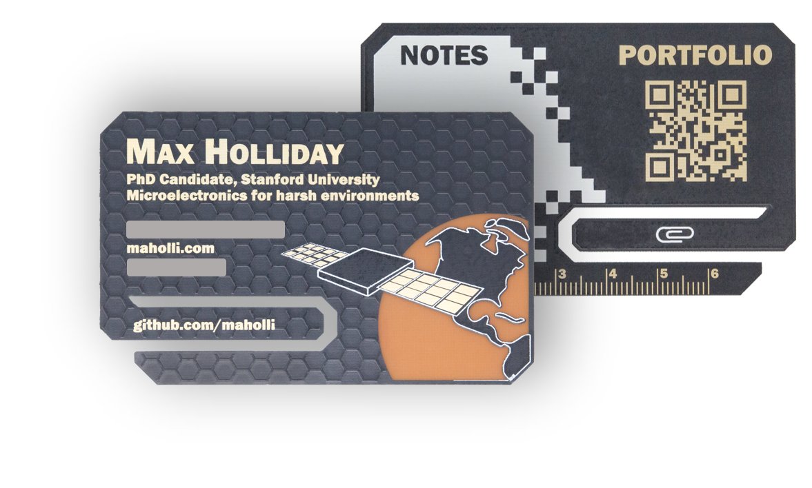 Happy with how my new PCB business cards came out. Files + manufacturing tips on my GitHub. Channel your inner @boldport and make your own!