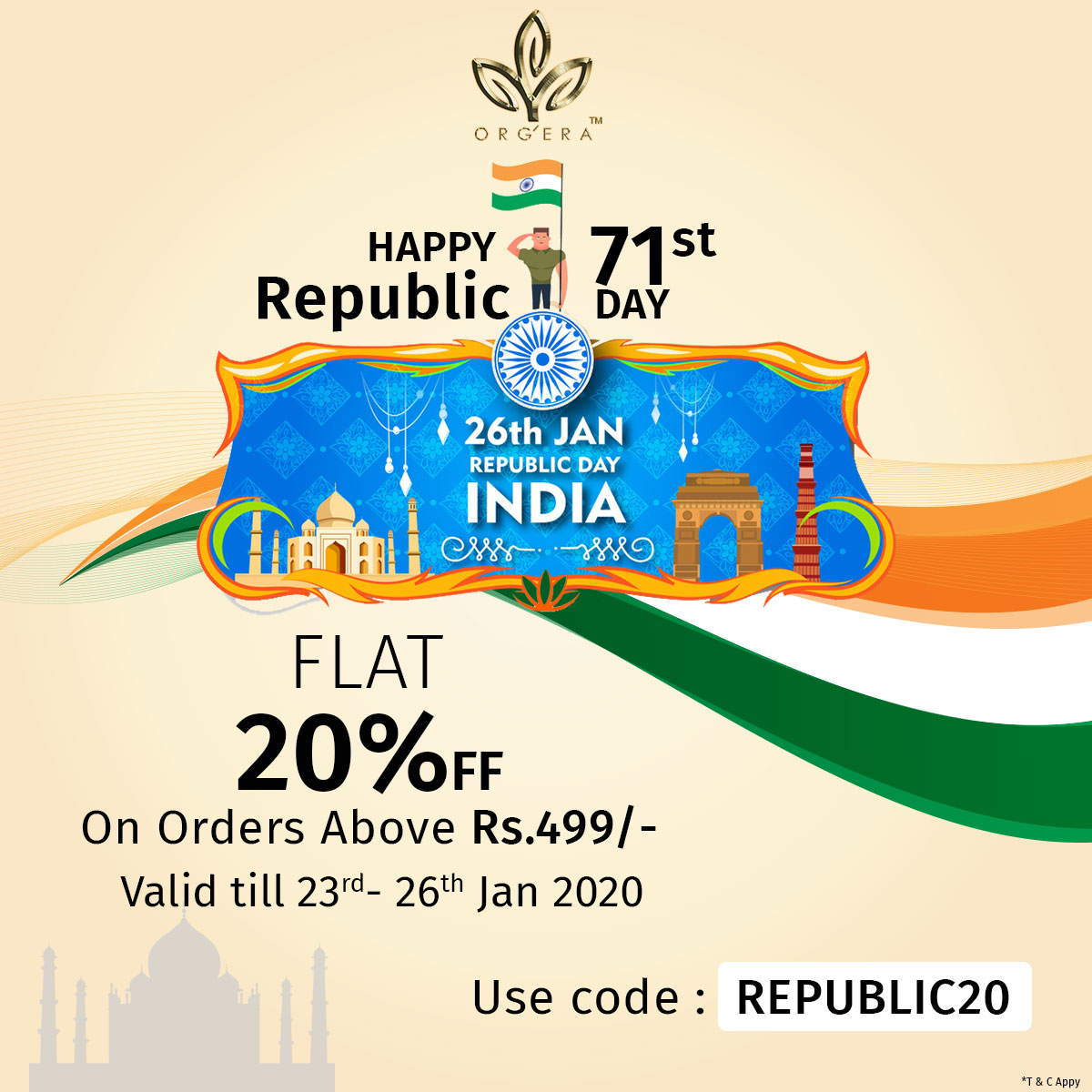 OrgeraIndia's tweet photo. Happy 71st Republic Day - Orgera India
Flat 20% Off 
On Orders Above Rs.499/-
Valid till23rd - 26th Jan 2020
Use Code : REPUBLIC20
Visit:- https://t.co/IJ7zE9iuo2
#enjoy @orgera #republicday2020 #sale. GET 20% #off on all #herbal #sulfatefree #organic #cosmetics https://t.co/7cMKtiBbj4