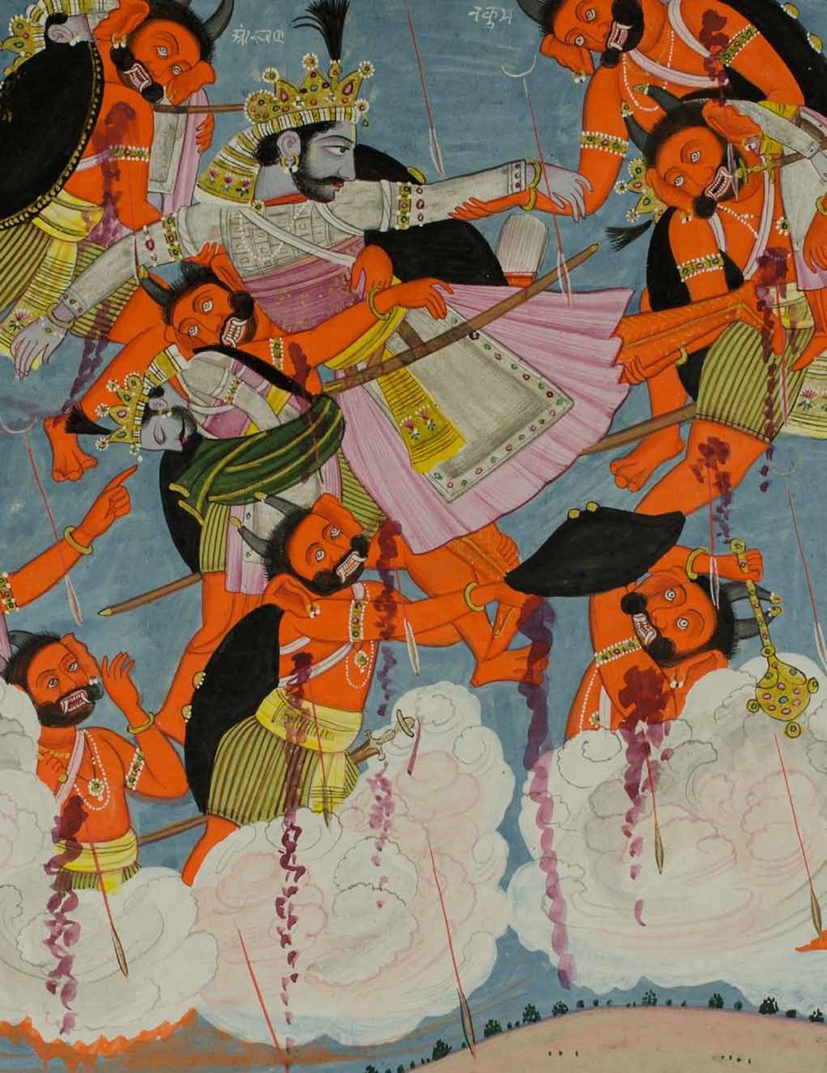 28. Krishna and Pradyumna Rescue Arjuna, Harivamsha series, Punjab Hills, Kangra, ca. 1820, Ink, opaque watercolor, and gold on paper