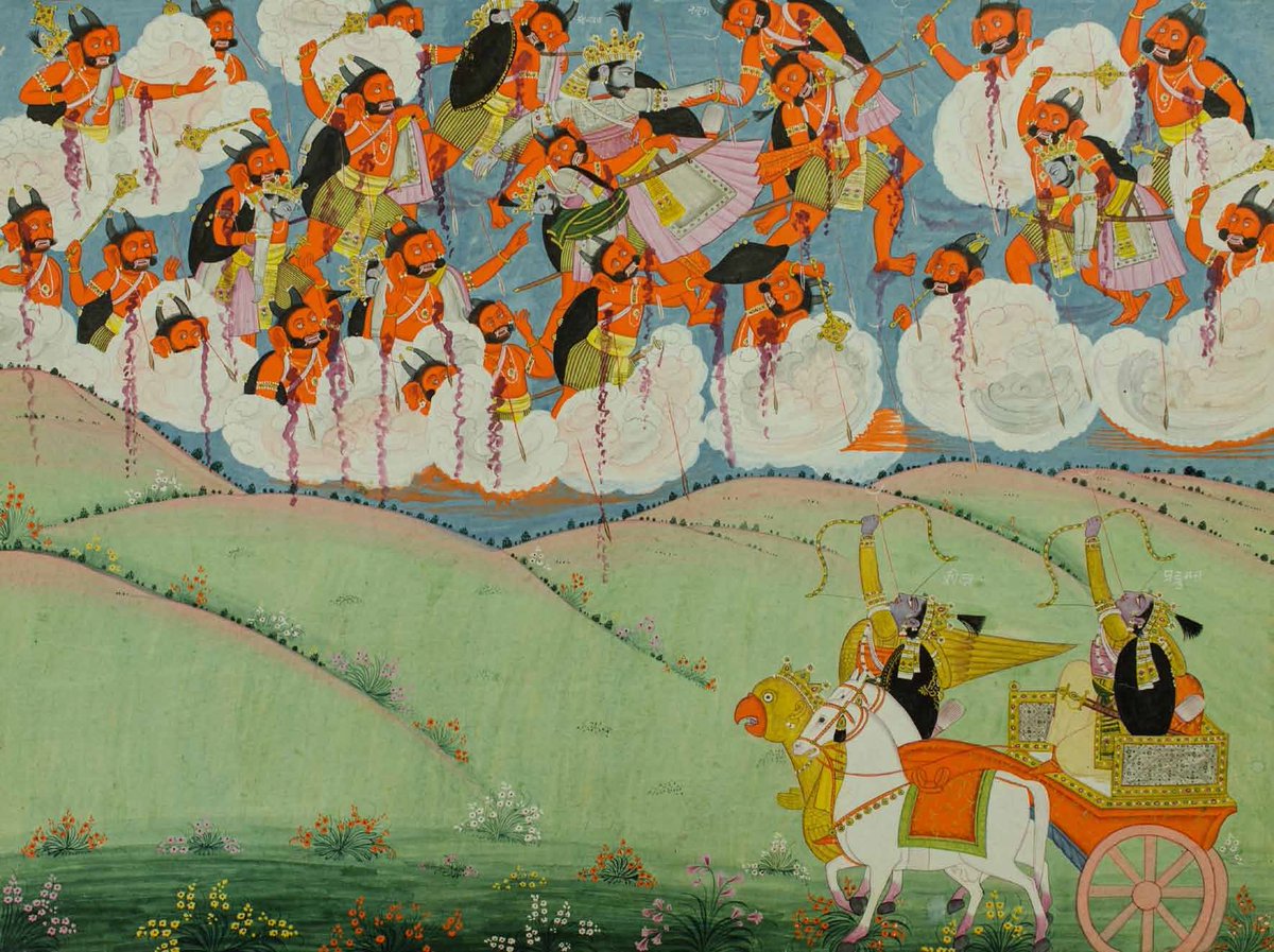 28. Krishna and Pradyumna Rescue Arjuna, Harivamsha series, Punjab Hills, Kangra, ca. 1820, Ink, opaque watercolor, and gold on paper