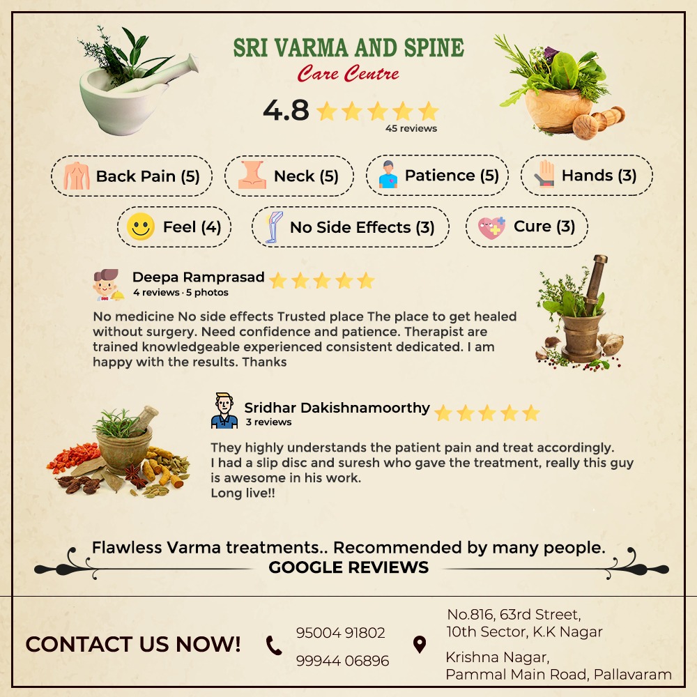 SriSpine's tweet photo. Get rid of medicines and undergo pure Varma trearments.

#backpain #neckpain #headache #migraine #spinaldislocation #spondylosis #arthritis #shoulderpain #handpain #neurologicaldisorder #tailbonepain #varicos #rheumatism #diskbulge #varma #prana #spinecare #srivarmaspinecare https://t.co/6GmRtc45wq