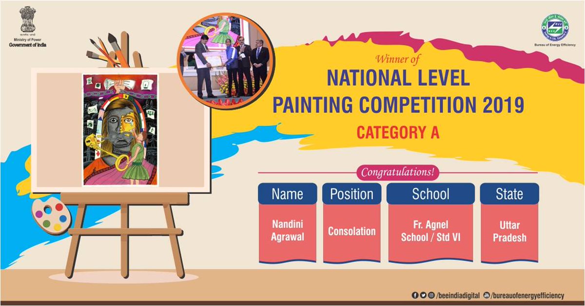 beeindiadigital's tweet photo. Nandini Agrawal, Std. VI from the Fr. Agnel School, Uttar Pradesh was awarded the Consolation Prize in the ‘A’ category of the #NationalLevelPaintingCompetition2019. Bureau of Energy Efficiency congratulates all the winners. #ECDay2019 #NationalEnergyConservationDay https://t.co/VBfoDkn4x7