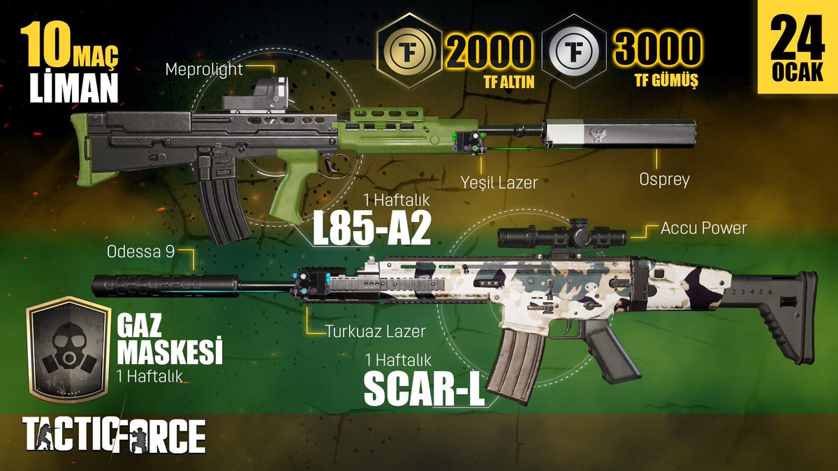 tacticforcegame's tweet photo. Yarıyıl tatili hediyeleri bitmiyor! Hemen Liman haritasında 10 maç at, aşağıdaki ödülleri kazan!  

1 Haftalık Full + Full L85-A2 Taarruz Tüfeği
1 Haftalık Full + Full Scar-L KNT
1 Haftalık Gaz Maskesi
2.000 TFA
3.000 TFG

Tactic Force: Ücretsiz Oyna, Bileğinle Kazan! Hadi oyuna! https://t.co/o5WTyWvbXM