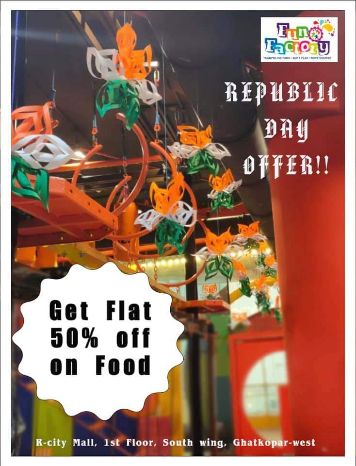 FunOFactory's tweet image. Republic Day Offer!! 

Eat.Play.Jump.
Flat 50% on food this 26th Jan 2020.
#funofactory #trampolinepark #softplay #ropecource #FOF #foampit #rcitymall #offers