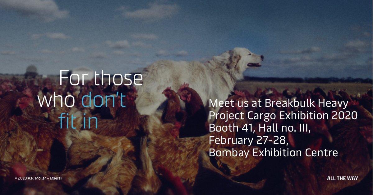 MaerskIndia's tweet photo. A brighter future for your Special Cargo awaits starting 27 Feb'20. And we can’t wait to see you at this year’s Breakbulk Heavy Project Cargo Exhibition. Block your calendar today. Learn more about special cargo services here https://t.co/LsPnftiX4G #dontfitinstandout #alltheway https://t.co/vEZuYDgAz4