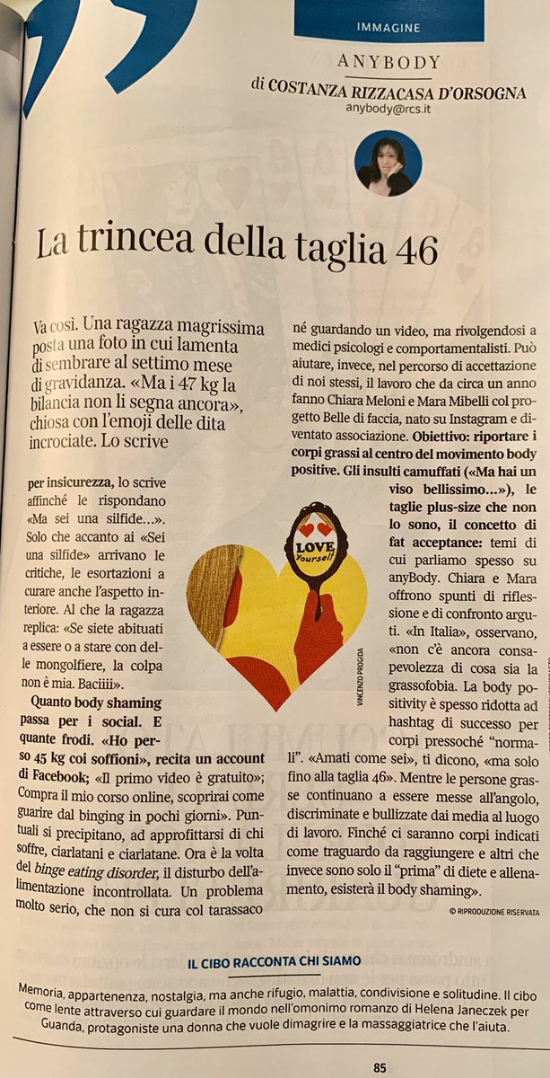 Oggi su #anyBody <a href="/7Corriere/">7 Corriere</a>, il fat shaming sui social, le frodi online sui prodotti x dimagrire (no, il tarassaco non fa perdere 30 kg, giuro) e il progetto contro la discriminazione <a href="/belledifaccia/">belledifaccia</a>. Sapete cos’è la grassofobia? Il libro della settimana è Cibo, di <a href="/helenajaneczek/">helena janeczek</a>