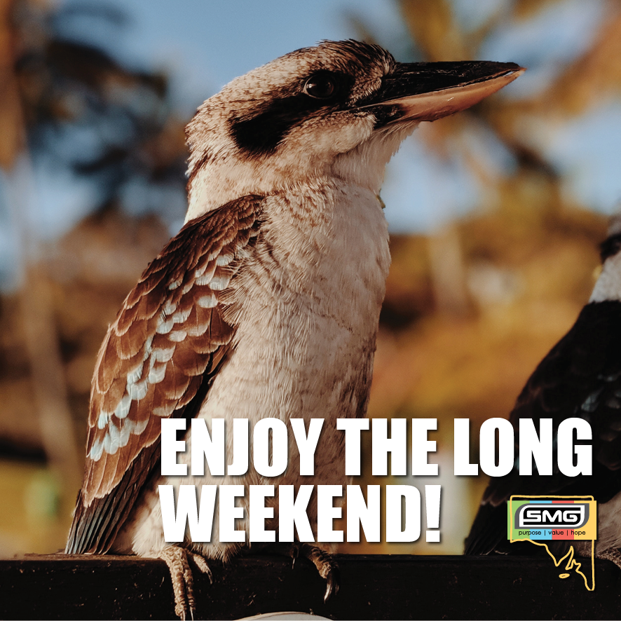 _SMG_SA's tweet photo. Enjoy the Long Weekend! It's an opportunity to be thankful for the amazing country we live in! Don't be a galah, have fun, a barbie, a hit of backyard cricket and a laugh with friends and family! #schoolsministrygroup #smgchaplaincy #sorryaboutthedadjokes #longweekend https://t.co/aEx7j1AR9o
