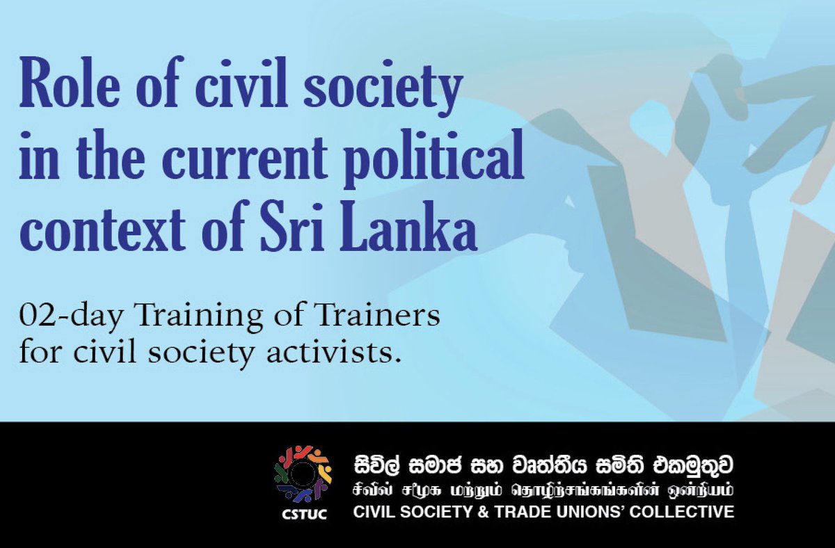 RNDemocracy's tweet photo. Role of civil society in the current context of Sri Lanka. 
02-day Training of Trainers 
Key sessions of day 01

1. #prespoll2019 &amp; current political context of #lka - Senior Lecturer Anurudda Pradeep
2. Economic challenges of #lka - Dr Janak Kumarasinghe https://t.co/pYg19YWVBE