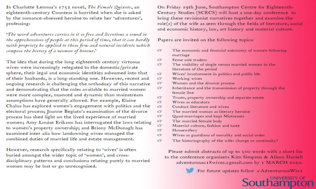 We have huge pleasure in opening the CFP for the Adventurous Wives conference to be help at Southampton University 19/6/20. We look forward to hearing from you!