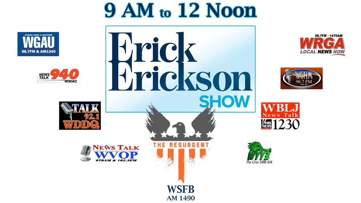 AlanJSanders's tweet photo. TODAY! I’ll be filling in for @EWErickson all across his Georgia radio network this morning from 9 AM until noon EST. Just about all of them stream so you can listen from wherever you live. @WGAUradio #WMAC #WDDQ #WVOP #WSFB #WYYZ #WBLJ #WCHM @WRGA https://t.co/xqIW6InP5M