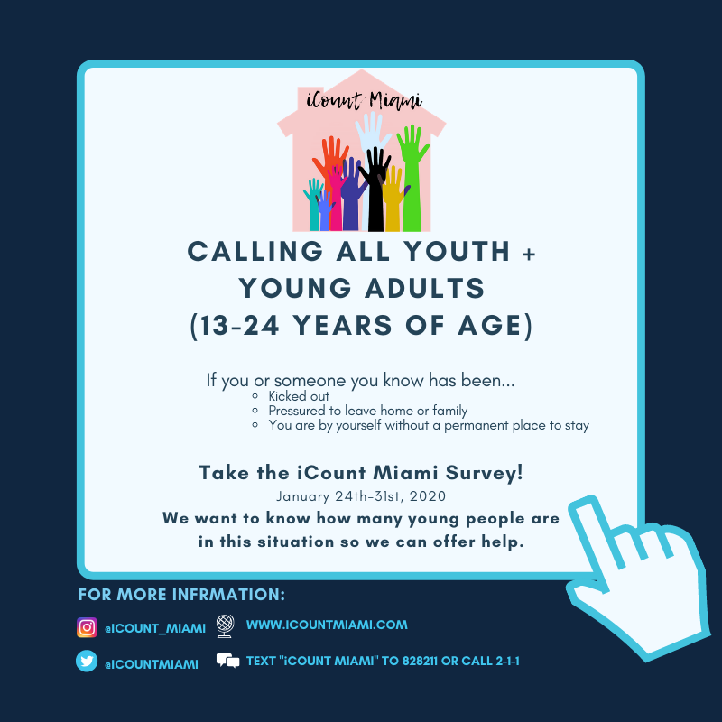 TheRealMdyc's tweet photo. From Jan 24-31, we’re doing the iCount Miami. The #iCountMiami is our local survey for young adults between the ages of 13-24 experiencing housing struggles. For more info, call 2-1-1 or text “iCount Miami” to 898211. https://t.co/VIsvEqZtSa