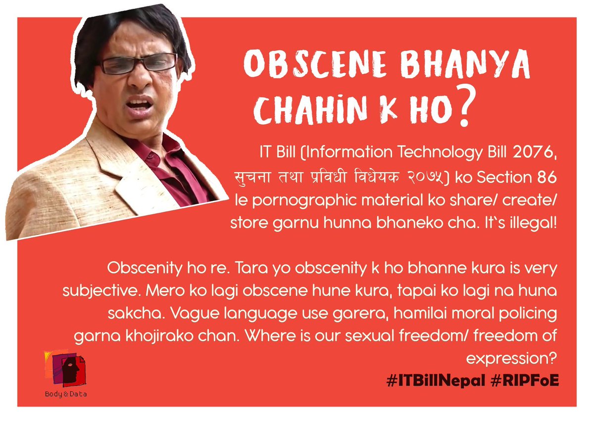 bodyanddata's tweet photo. Kasaiko lagi sexy selfies 🤳🏽 haru lai obscene lagcha bhane kasaiko lagi selfies le confidence dincha. Kasaiko lagi tiktok ma video rakhnu asleel ho bhane, kasaiko lagi tyehi ho honest expression. "Obscene" ra "asleel" ko vague definition is problematic!
#ITBillNepal #RIPFoE https://t.co/4EAsdOvLCA