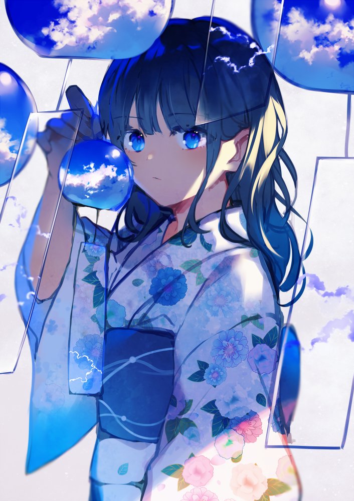 1girl solo japanese clothes kimono blue eyes floral print looking at viewer  illustration images
