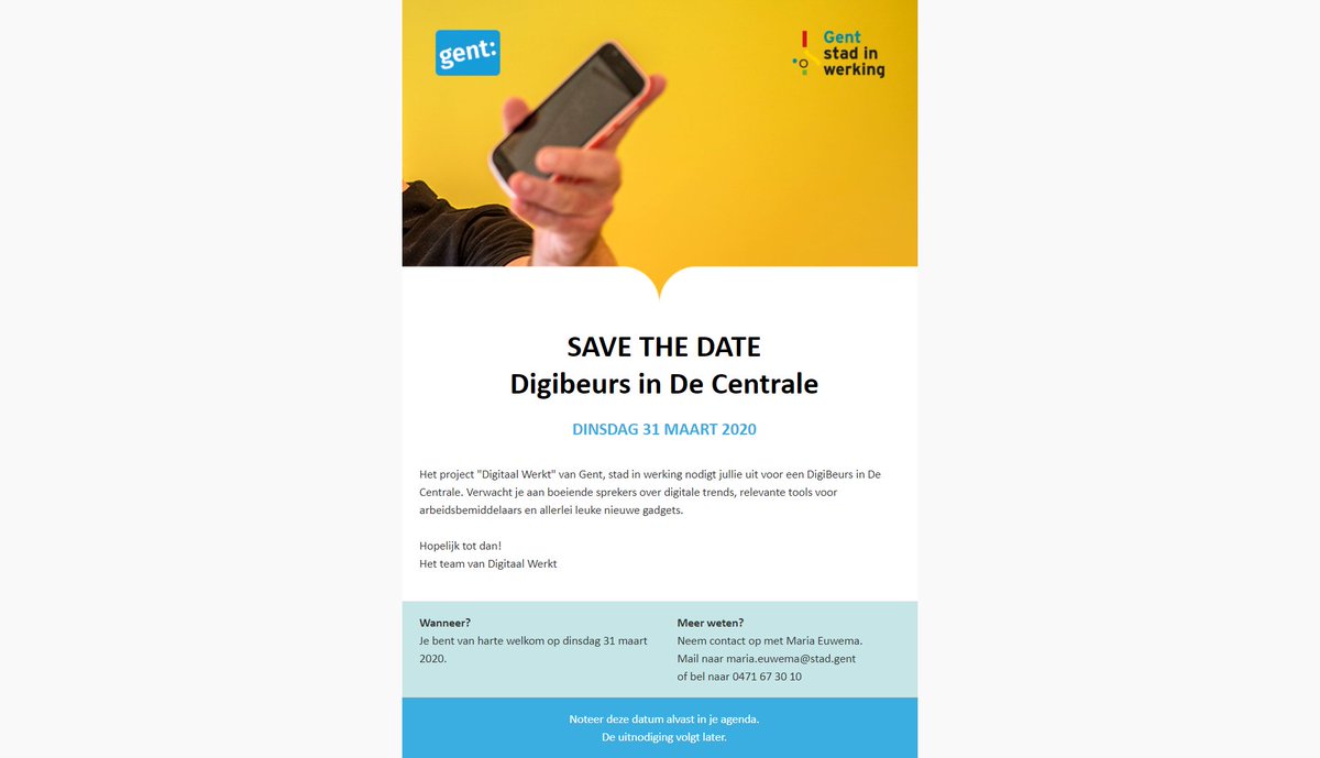 SAVE THE DATE: 31/3 in De Centrale: Het project "Digitaal Werkt" van <a href="/GsiwGent/">Gent, stad in werking</a>  nodigt jullie uit voor een DigiBeurs! De uitnodiging volgt binnenkort!  #digitalskils #digibeurs2020 #gsiw