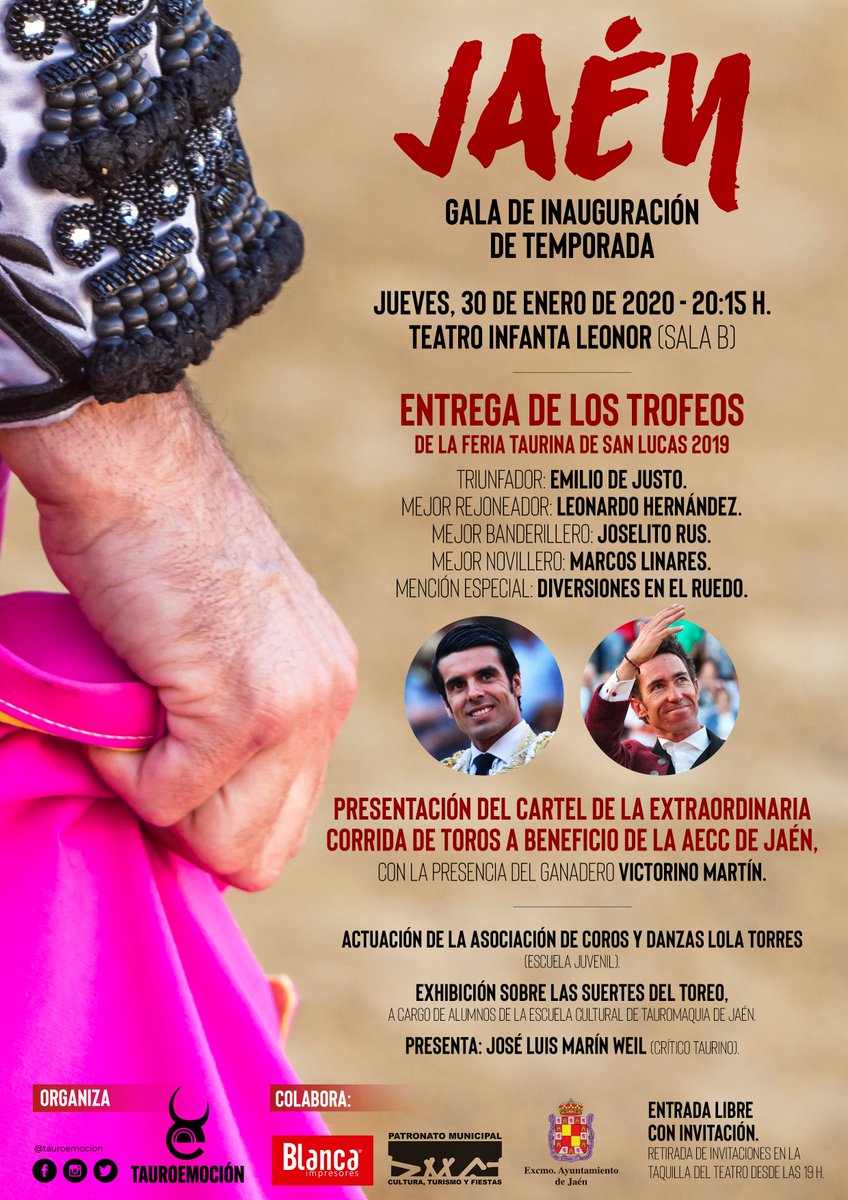 TorosEnJaen's tweet photo. ✨ Gala de inauguración de temporada ➕ entrega de premios 🏆 ➕ presentación de cartel 📜
📆 30 de enero a las 20.15 horas
ENTRADA LIBRE
¡No te lo puedes perder! https://t.co/4Nl7ZxnnxN