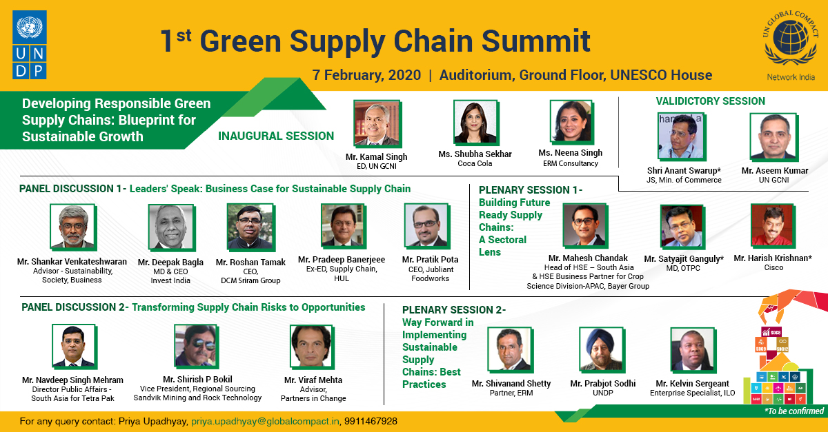 GCNIndia's tweet photo. Join us on 7th February at UNESCO House, New Delhi to hear &amp; learn from our eminent panellists on the theme "Developing Responsible Supply Chains: Blueprint for Sustainable Growth”.

For details 👉 https://t.co/yKalbSAJcs
#GSCS2020 #SDG8 #SDG9 #SDG12 #Decade4Action #Business4SDGs https://t.co/mk5STOFMlf