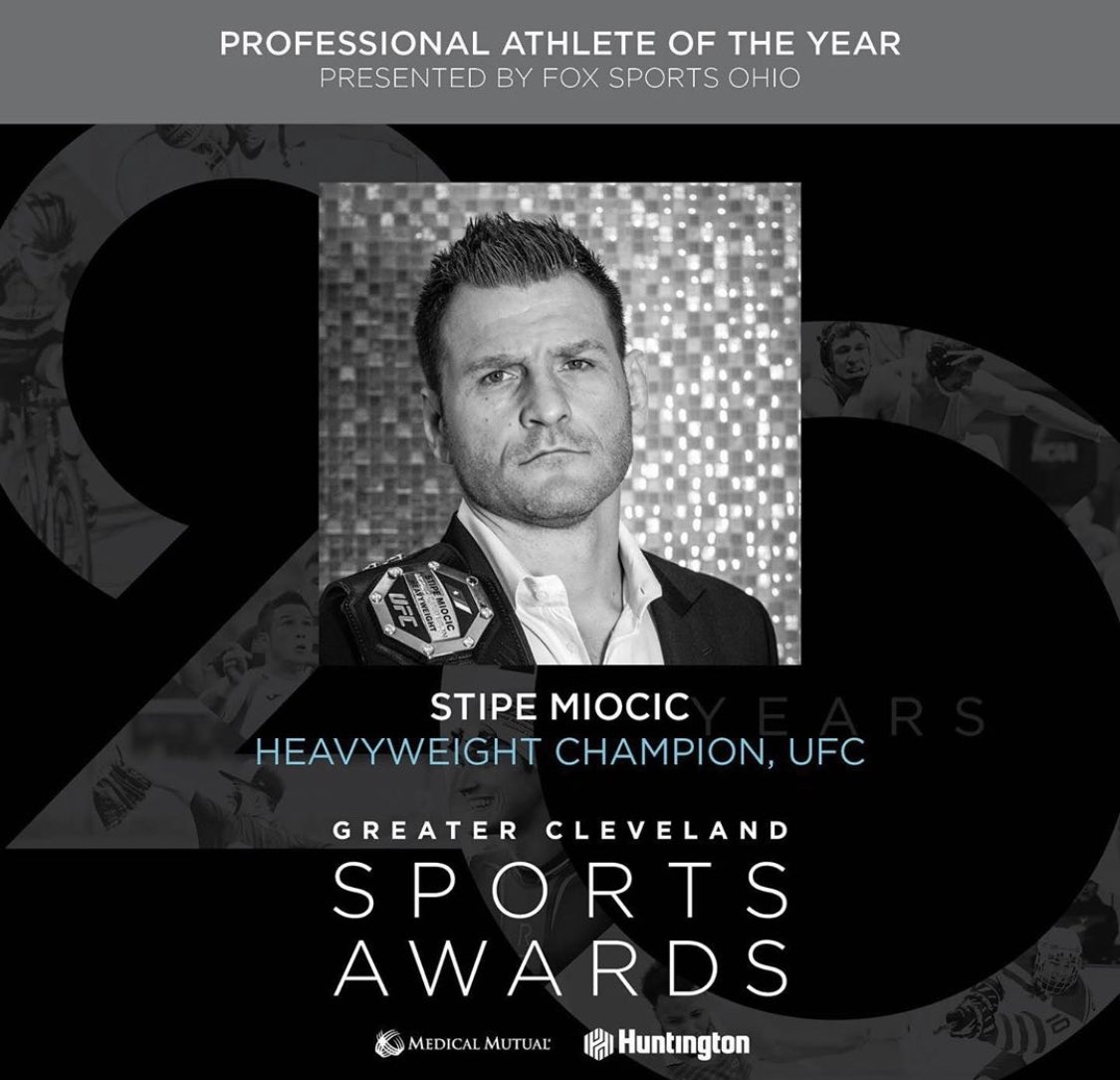 stipemiocic's tweet photo. THANK YOU TO ALL OF MY FANS!!! We did it. Honored and privileged to have won Professional Athlete of The Year and bring another title to The Land! #SM #CLESportsAwards https://t.co/WlGLLzAEcO