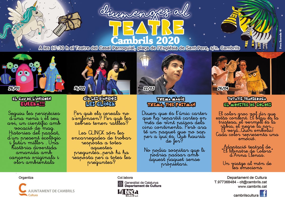 infocambrils's tweet photo. #Diumenges al #teatre #Cambrils 2020
Programació del 26/1 al 26/4
Diumenges a les 17:30 h al Teatre del Casal Parroquial de Cambrils Port. Preu de l'entrada 4,00€

Tota la programació a: https://t.co/6wzK9AEBtw

#cambrilstourism #hivern #teatre #teatro #diumengesalteatre https://t.co/cHtjrLGY0E