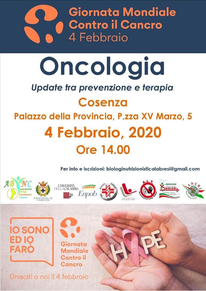 ENPAB1's tweet photo. #4febbraio @WorldCancerDay  #Cosenza evento “Update tra prevenzione e terapia" organizzato da Associazione #Biologi #Nutrizionisti Calabresi

Quota partecipazione 10 euro
Info e iscrizioni biologinutrizionisticalabresi@gmail.com
#WorldCancerDay #24gennaio #futureofwork https://t.co/QqtIOf0SCA