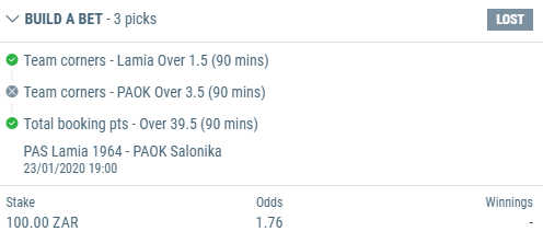 StormBets's tweet photo. Bet lost ❌1 point loss. PAOK let us down with only 1 corner. They average 5.9 corners away from home. #footballtips #valuebet #stormbets https://t.co/nYCSZv1T98